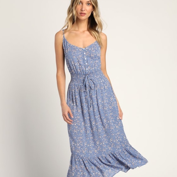 Lulus Life Is Sweet Blue Floral Print Tiered Midi Dress - Picture 2 of 6